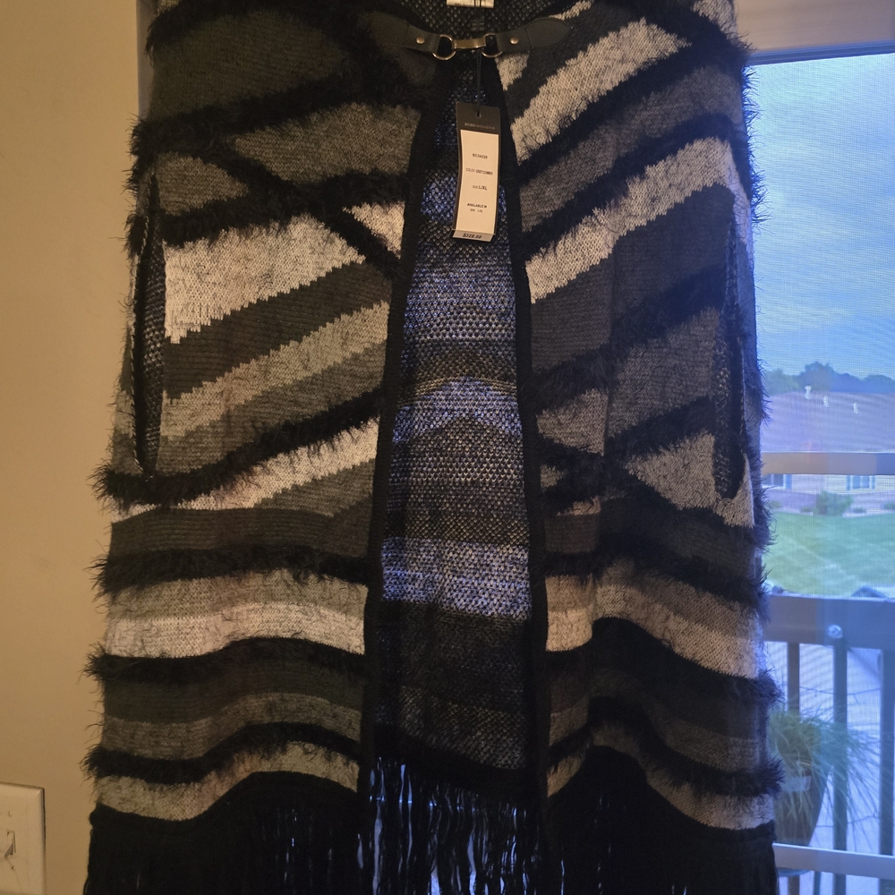 BCBGMaxAzria Black and Gray Striped Poncho